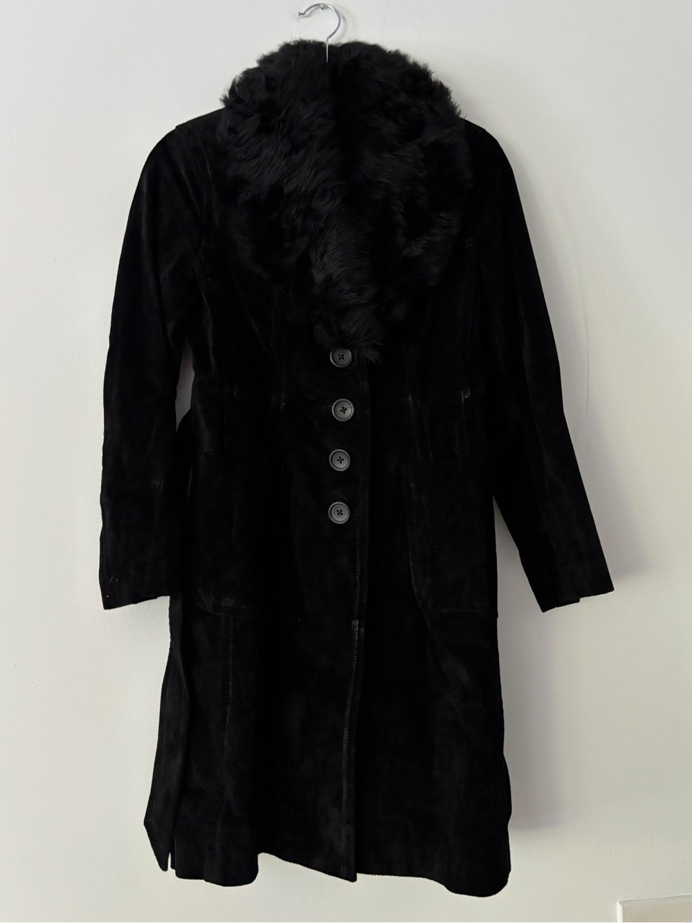 Banana Republic Genuine Leather Coat Petite XS Black Shearling Collar Belted